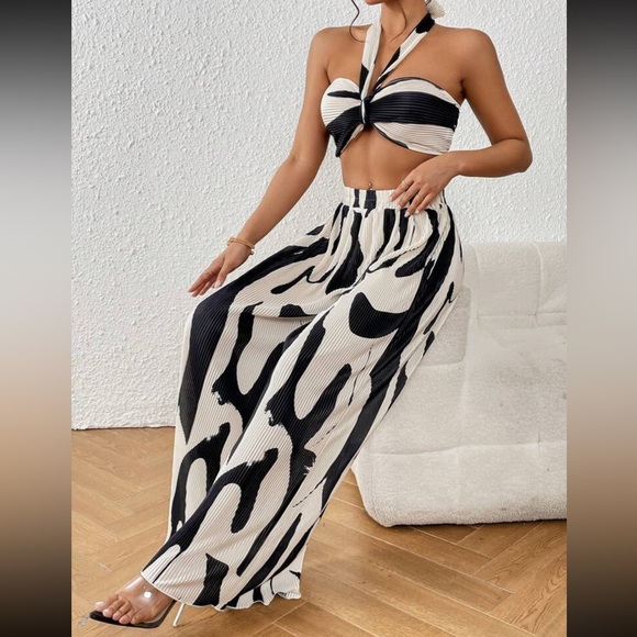 Two Piece Outfits Graphic Print Halter Top & Wide Leg Pants - Picture 6 of 11